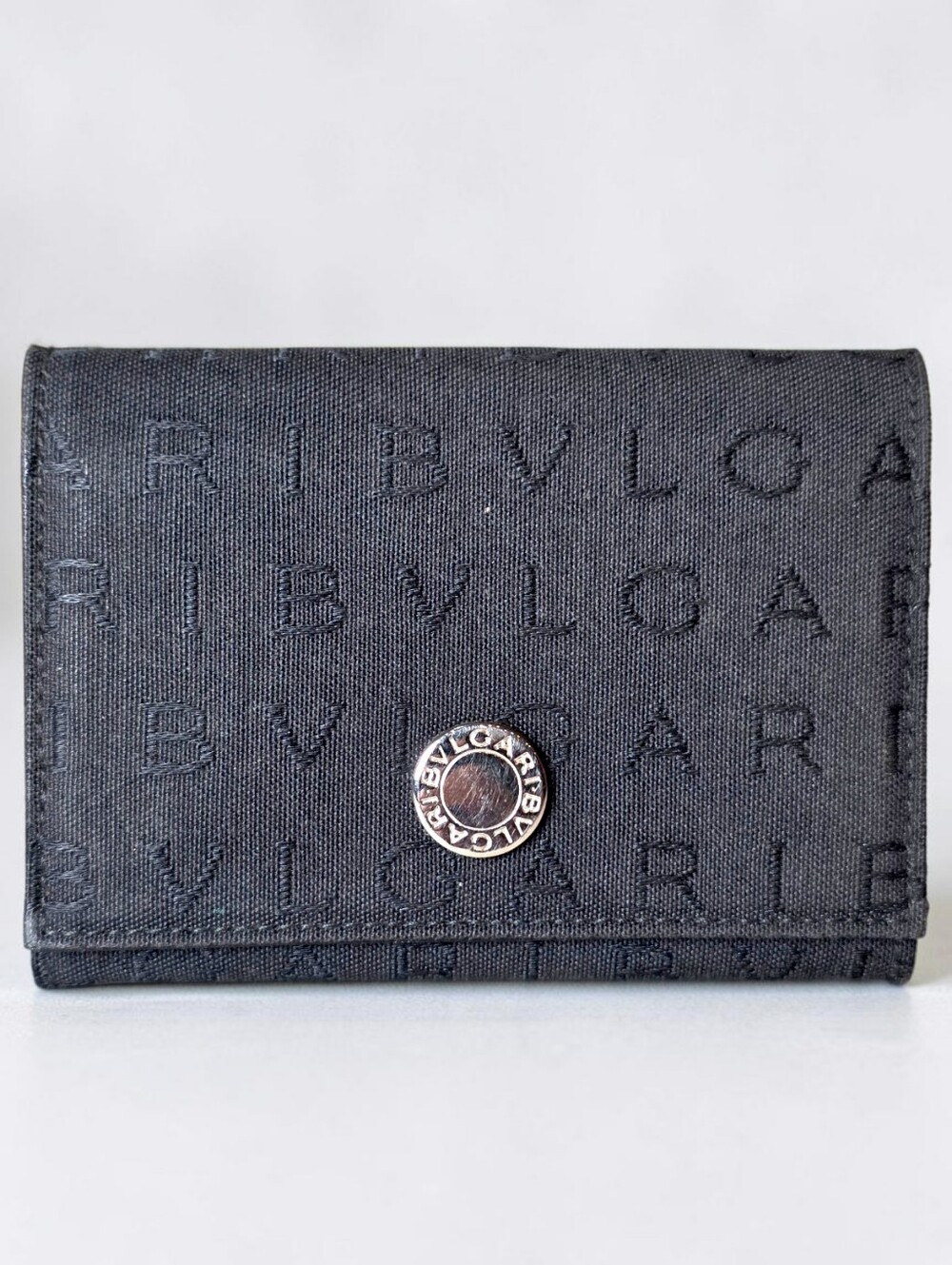 Bvlgari Monogram Black Logo-Pattern Compact Wallet with Metal Accent